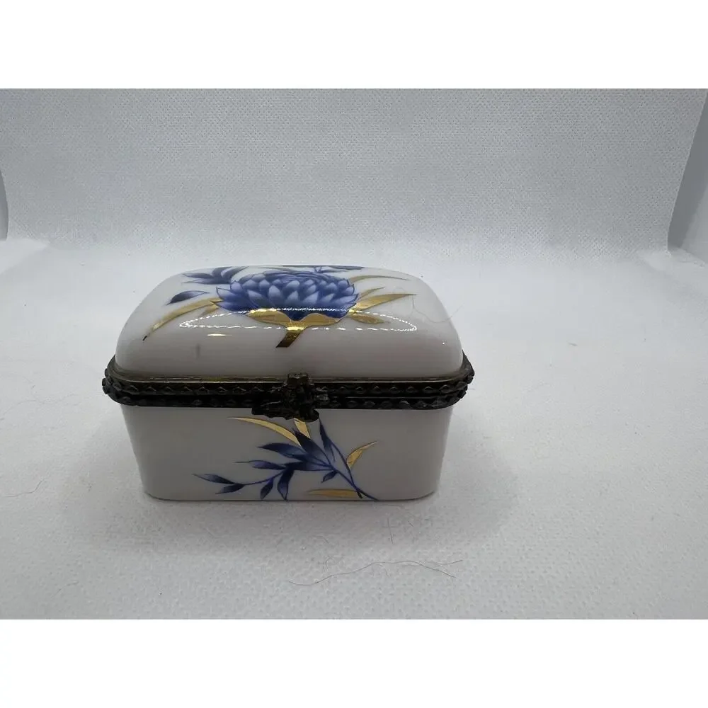 Porcelain Hand-painted Floral Trinket Box Hinged Lid Cottage Core 2.5” X 1.5”